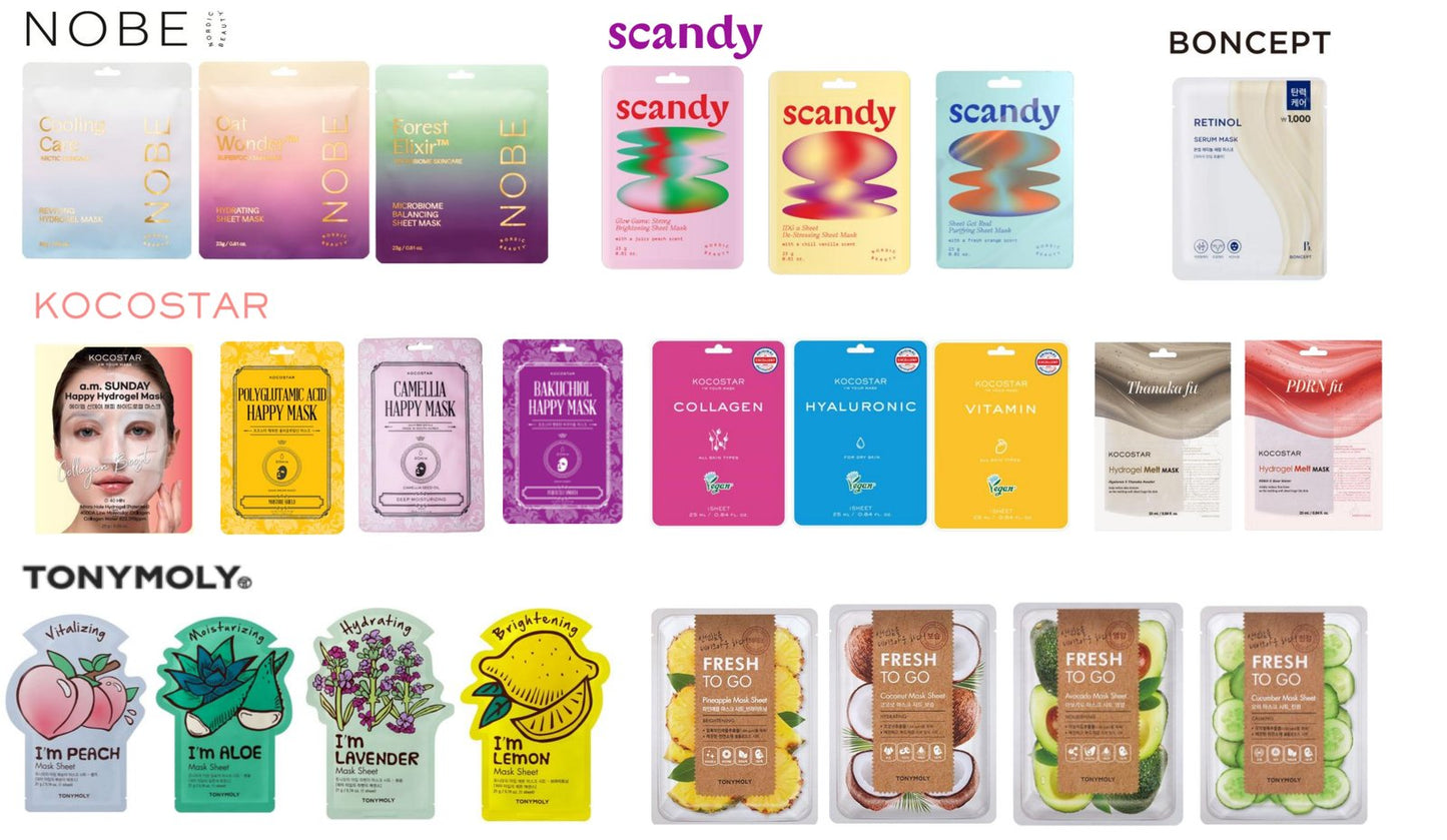 24 Days of Christmask -joulukalenterin sisältö: NOBE-, Scandy-, BONCEPT-, KOCOSTAR- ja TONYMOLY-kasvonaamiot