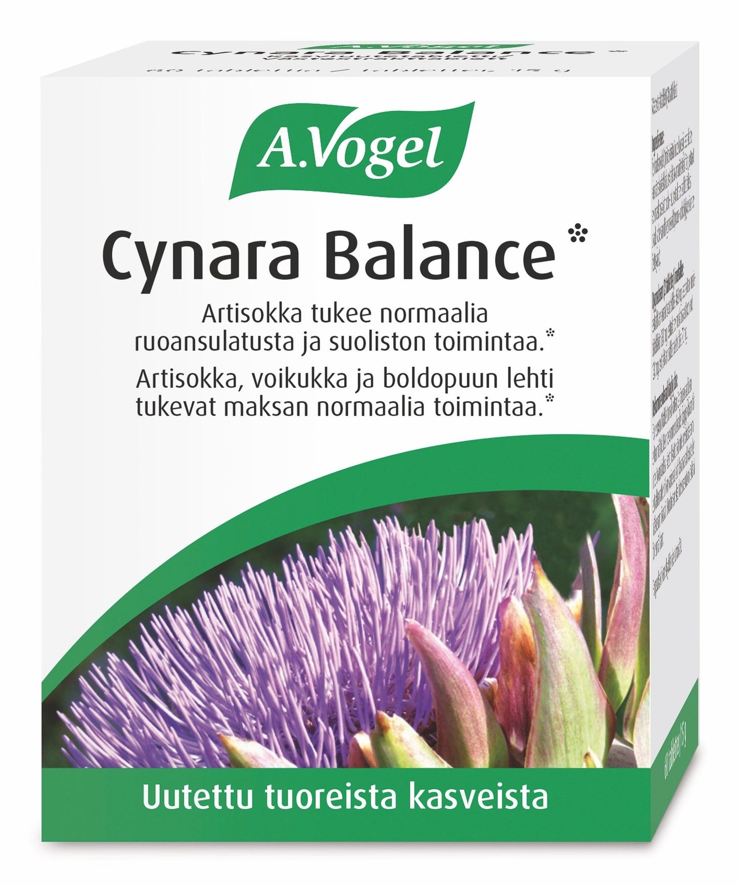 A.Vogel Cynara Balance; A. Vogel Cynara Balance -ravintolisärasia, jossa värikäs kuva violetista artisokankukasta ja suomenkielinen teksti korostaa ruoansulatuksen ja maksan toiminnan tukea; suorakulmainen pahvirasia, pääosin valkoinen vihrein korostuksin, matta pinta; värikuva peittää etupaneelin, groteskikirjasin tuotenimessä ja tiedoissa; studioasetelma valkoisella taustalla.