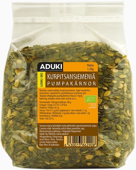 Aduki Luomu Kurpitsansiemen 1,5 kg -suurpakkaus, läpinäkyvä pussi kuorittuja kurpitsansiemeniä