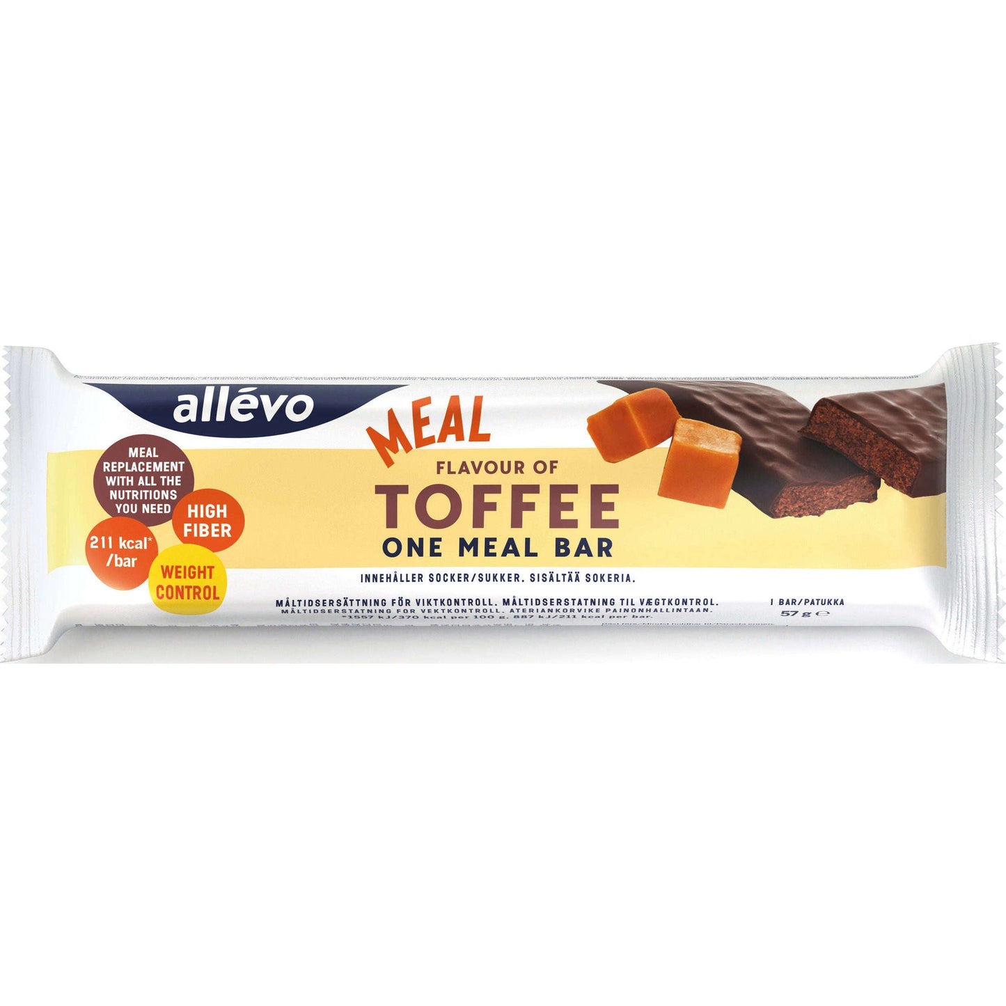 Allevo One Meal Bar Toffee; pakattu Allevo-toffeeateriapatukka, kuvituksena karamellineliöitä ja suklaakuorrutettu patukka; suorakulmainen kiiltäväpintainen kääre valkoisin, ruskein ja kultaisin sävyin; lihavoitu groteskityyppografia tuotenimelle ja keskeisille tiedoille; luettava teksti mainitsee kuitupitoisuuden, ateriankorvaajaväitteen, painonhallinnan tuen ja 211 kcal patukkaa kohden; kuva on lähikuva pelkistetyllä taustalla.