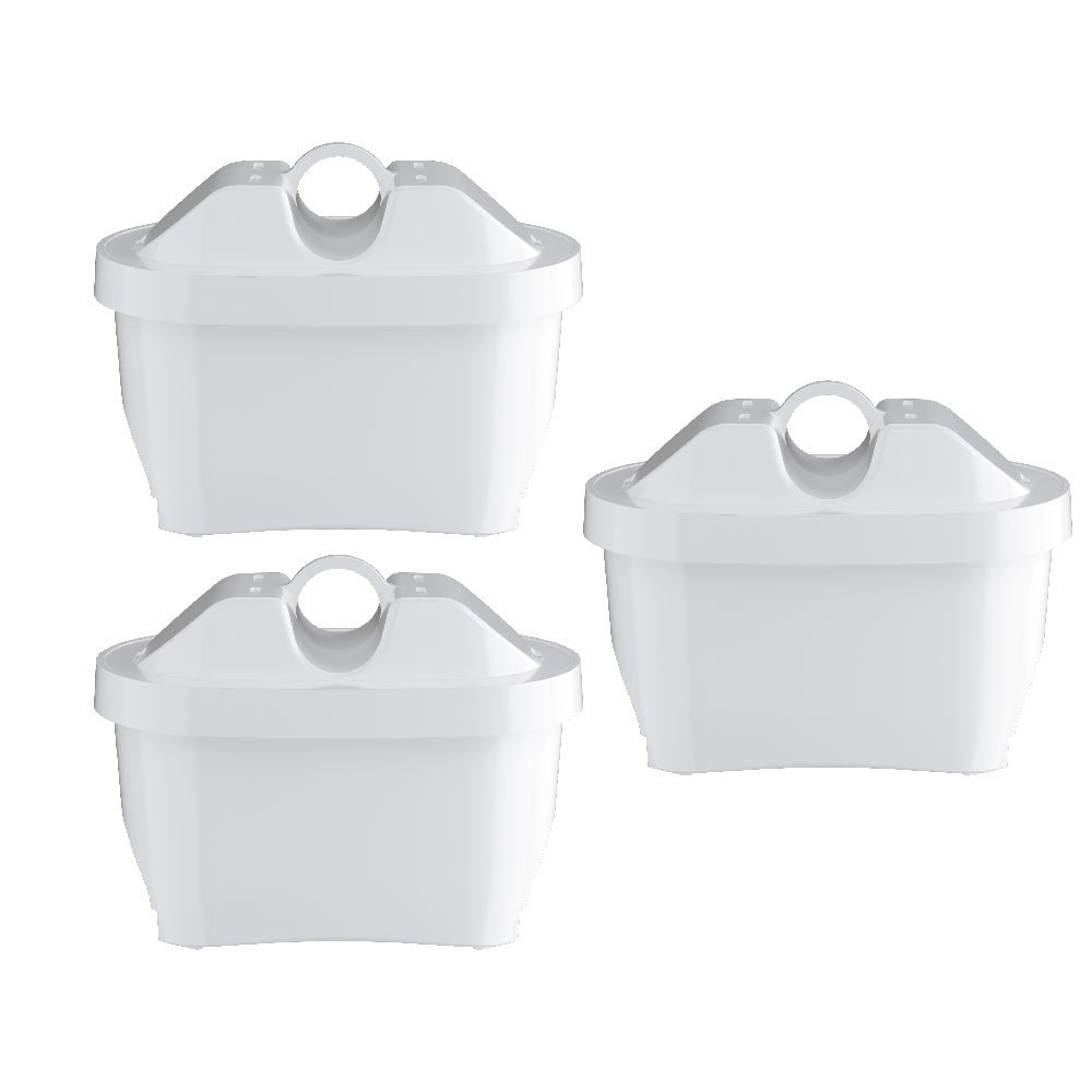 Three white plastic water filter cartridges with round openings on top are arranged in a triangular pattern against a plain white background. The cartridges are cylindrical, made of smooth matte plastic, unwrapped with no visible labels or text. No hands, people, or additional objects are present in the image.