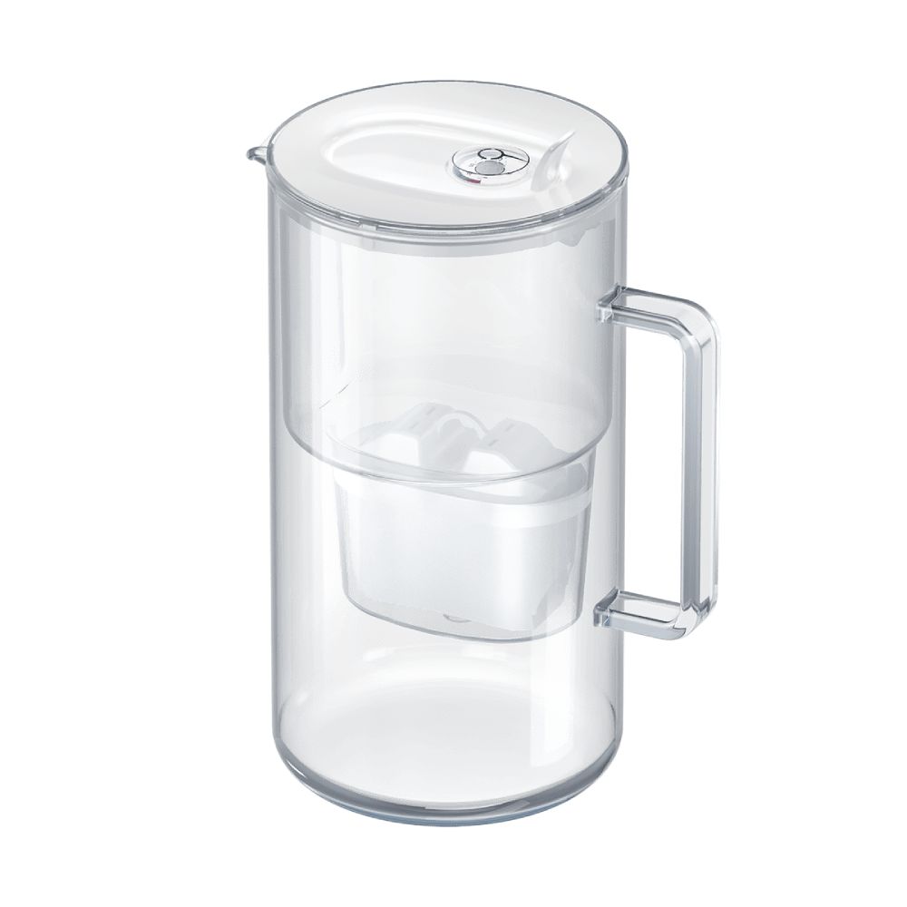 A clear plastic water filter pitcher with a white lid and a convenient handle, shown on a plain light background. The pitcher has smooth, curved sides and a matte finish on the handle. There is no visible label text or additional packaging in the image. No people or hands are present in the shot.