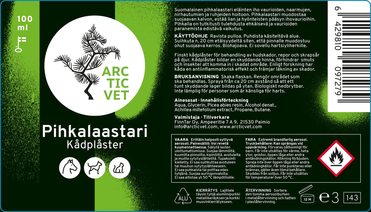 A green product label for Arctic Vet Pihkalaastari (resin plaster) on a cylindrical container. The matte-finish label shows Finnish, Swedish, and English text in clear sans-serif fonts, hazard symbols, animal icons, usage instructions, and 100 ml volume. No people or hands are present. Studio shot with plain background.