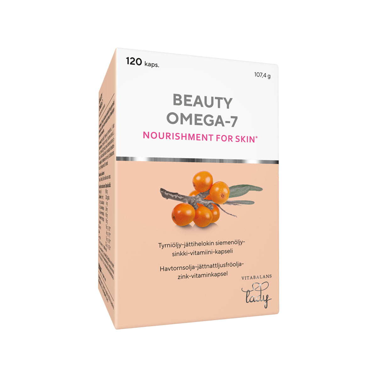 Vitabalans Beauty Omega-7 ravintolisä 120 kapselia – tyrniöljyä, jättihelokin siemenöljyä, sinkkiä ja vitamiineja