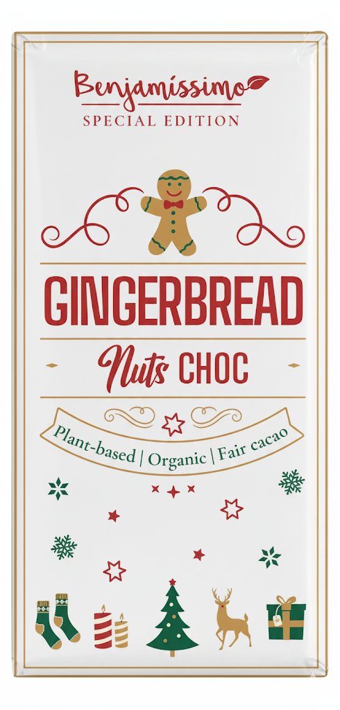 Benjamissimo Gingerbread Nuts -luomusuklaalevy, valkoisessa kääreessä piparkakkuukko ja jouluisia kuvia