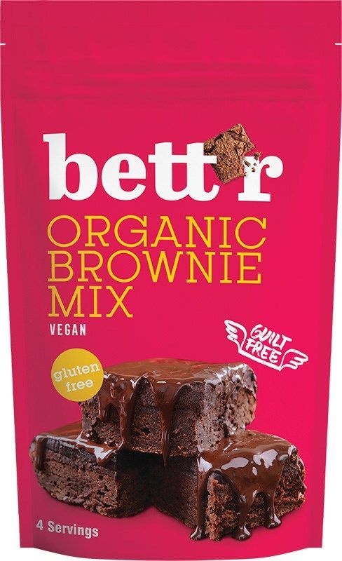 Bettr Luomu Gluteeniton Browniemix; vaaleanpunainen bettr-luomubrowniemixin pakkaus kuvin suklaabrowniesta, merkitty vegaaniseksi, gluteenittomaksi ja huolettomaksi herkuksi; suuri groteskiteksti nĂ€yttÀÀ tuotenimen, pienempi suuraakkosin lueteltuja ominaisuuksia; pakkaus matta ja suorakulmainen kuumasaumatulla ylĂ€reunalla; luettavissa merkinnĂ€t âveganâ, âgluten freeâ ja âguilt freeâ; mainittu neljĂ€ annosta; tausta tasainen, ei ihmisiĂ€.