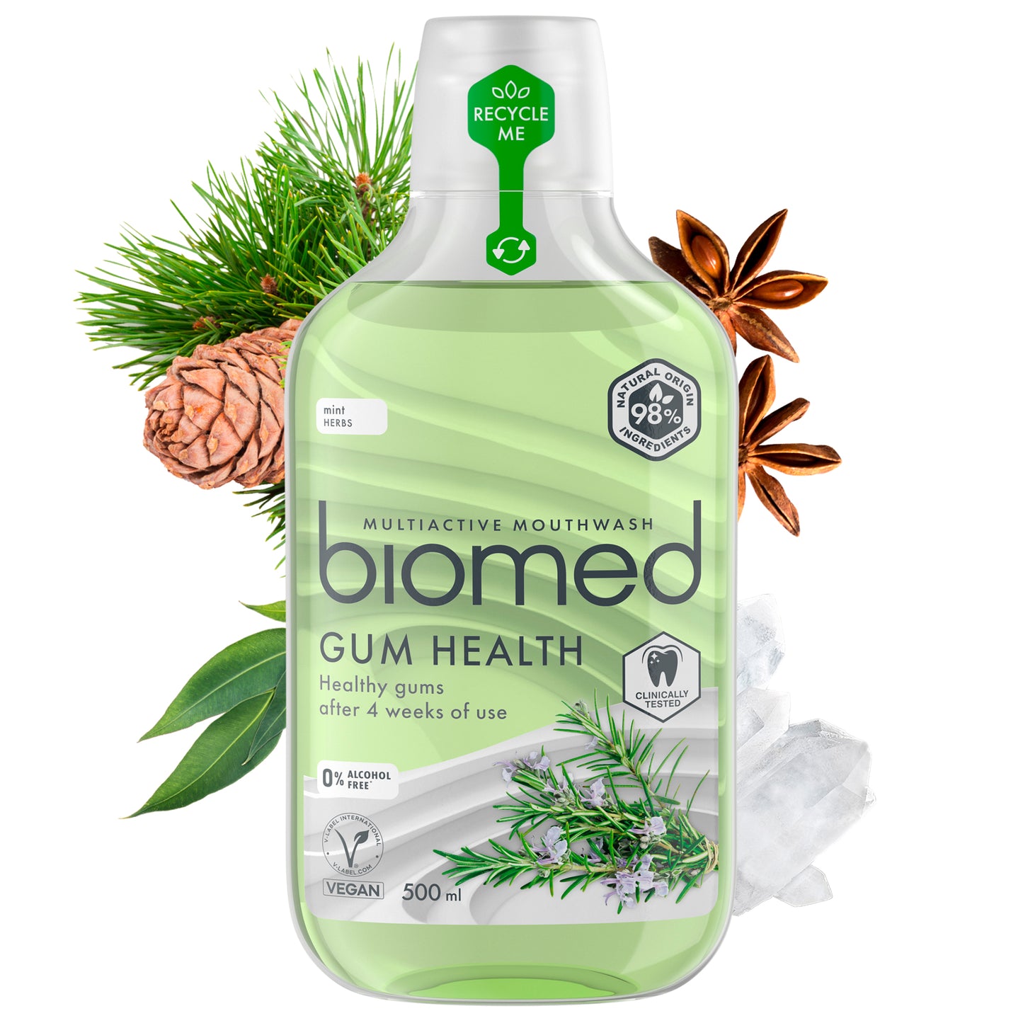 Biomed Gum Health -suuvesipullo seetrinkävyn, tähtianiksen ja eukalyptuksenlehtien keskellä