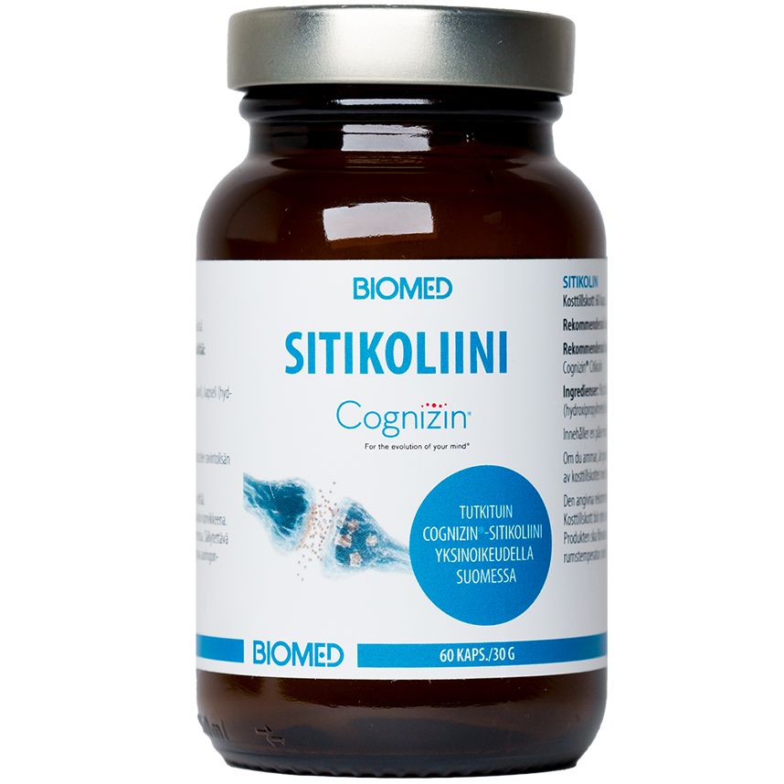 A brown glass bottle labeled BIOMED SITIKOLIINI, containing 60 capsules. Cylindrical shape with a glossy finish. The label displays blue and white colors, sans-serif typography, and a wave graphic along with Finnish product details about sitikoliini. The background is plain and uncluttered; no people or hands are present in the image.