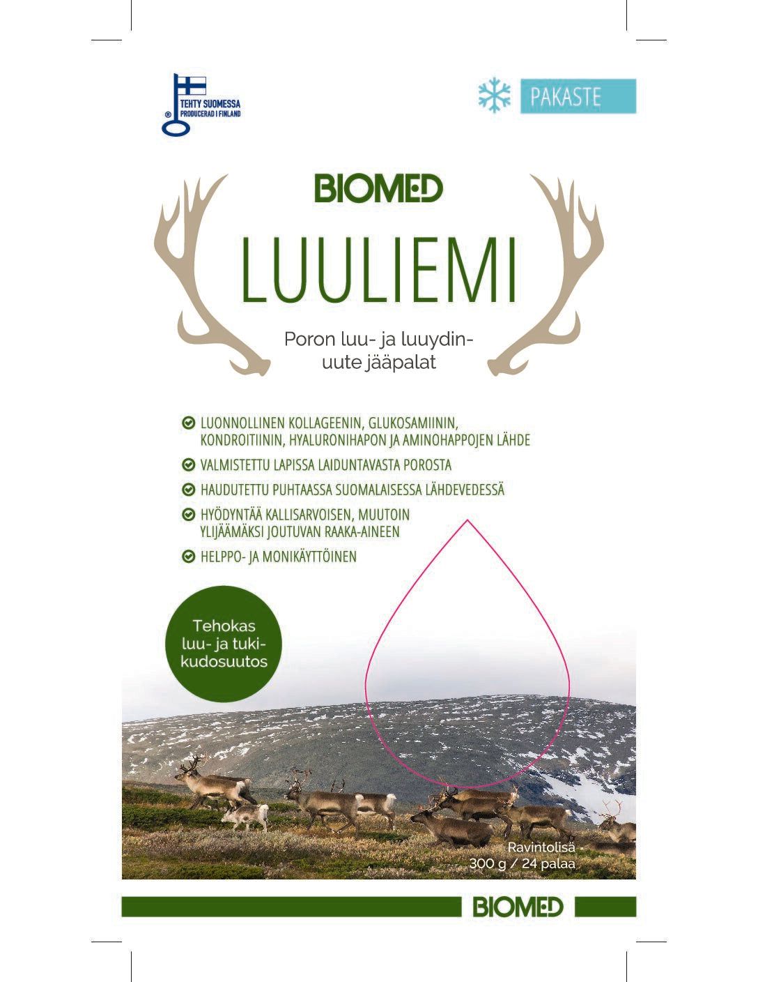 Frozen bone broth product package labeled BIOMED LUULIEMI featuring antler graphics, Finnish text, and an image of reindeer grazing on grass with mountains in the background. The rectangular package has a matte finish with a prominent blue Pakkauste label at the top. Typography is bold and sans-serif. No people or hands visible; product stands against a plain surface.