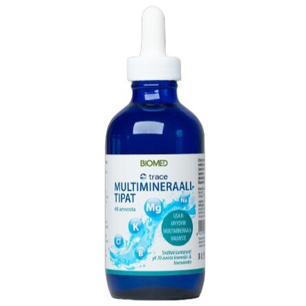 A blue glass dropper bottle labeled Biomed Multimineraalitipat with Finnish text and symbols for potassium, magnesium, and sodium is set against a plain light background. The bottle has a glossy finish and a black cap. The label uses sans-serif font in white and blue, with icons for minerals. No people or additional objects are present.