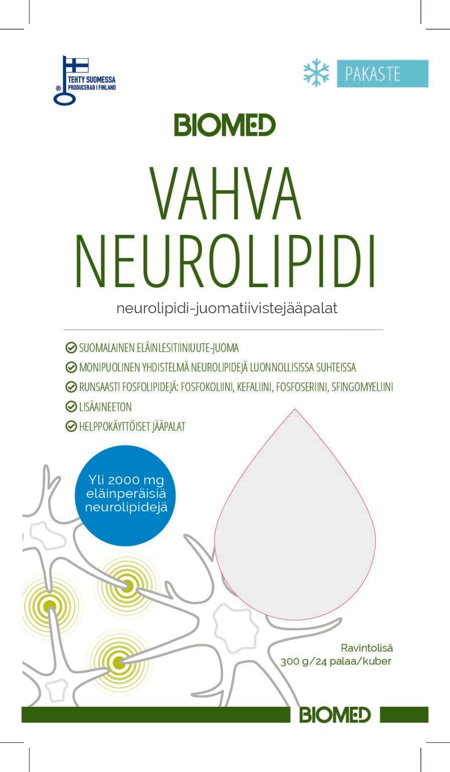Biomed Vahva Neurolipidi jääpalat -tuotteen suomenkielinen etiketti sinisin ja vihrein tekstein, suuri vesipisarakuvitus ja neuronikuvituksia; etiketti kiinnitetty valkoiseen sylinterimäiseen pulloon mattapinnalla; tekstausvapaata fonttia; näkyvissä tietoa eläinperäisistä neurolipideistä, annostusohjeista ja käyttötarkoituksesta sekä pakkauskoosta; ei ihmisiä tai käsiä kuvassa; tausta valkoinen ja tasaisesti valaistu, yksittäinen tuotekuva.
