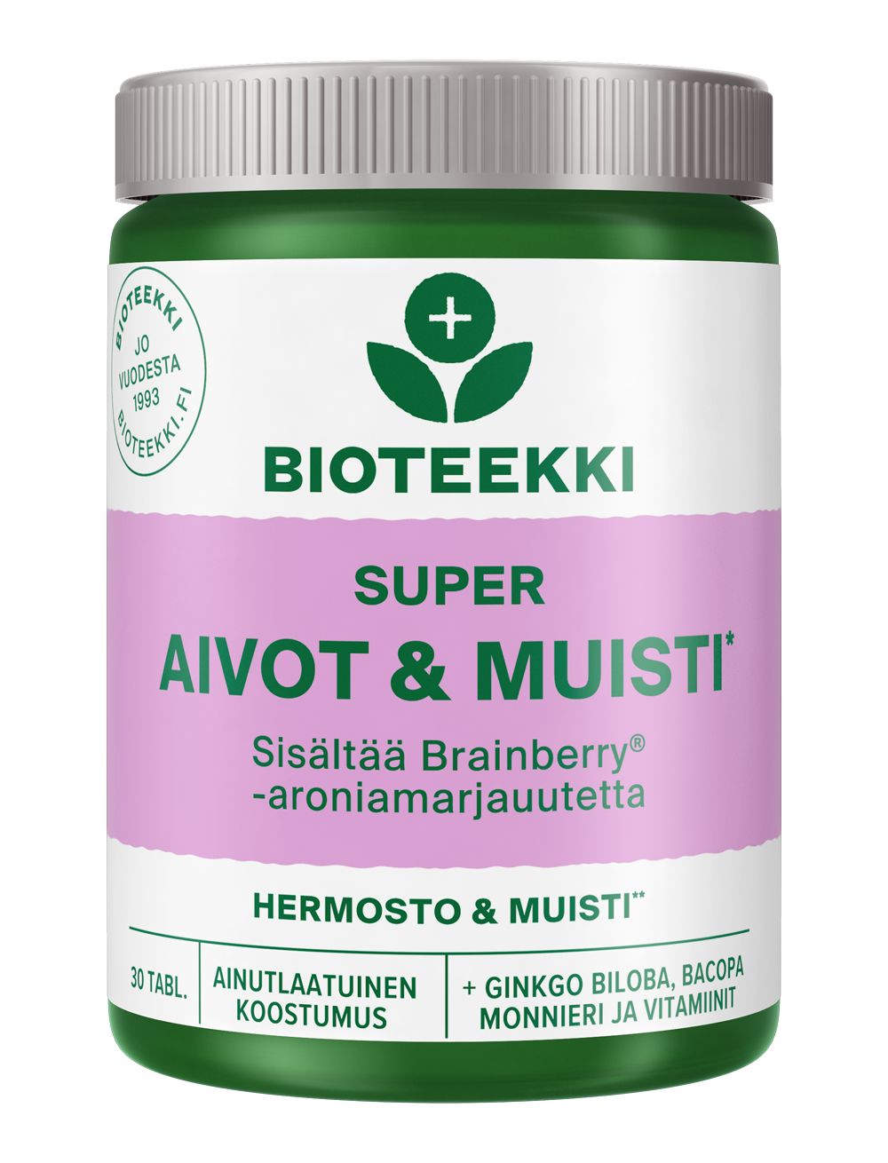 A green and white Bioteekki supplement bottle labeled SUPER AIVOT & MUISTI, featuring text in Finnish and purple accents, contains 30 tablets to support cognitive function and memory. The bottle is cylindrical with a white screw cap, matte finish surface, clean sans-serif typography in purple for key phrases, smaller text below. Product is photographed against a plain white background with no people or props visible.