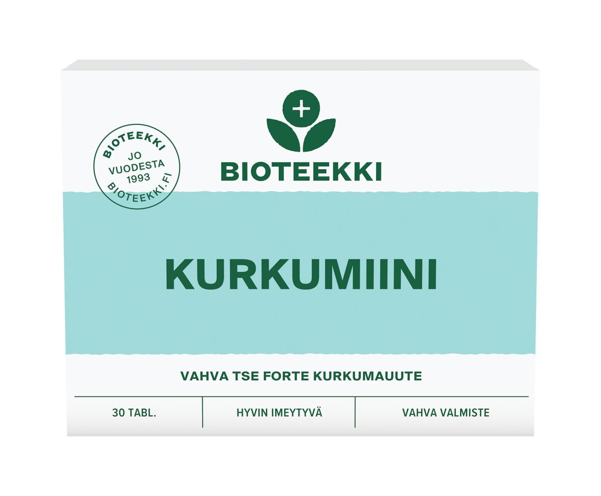 Bioteekki Kurkumiini -pakkaus turkoosilla etiketillä; suorakulmainen laatikko mattapintaista pahvia; kaikki teksti lihavoitua, valkoista ja keltaista fonttia etiketissä, mukaan lukien maininnat vahvasta kurkumauutteesta, erinomaisesta imeytyvyydestä, tehokkaasta koostumuksesta ja 30 tabletista; logo ja tuotetiedot näkyvissä; tausta yksivärinen, ei muita esineitä tai ihmisiä näkyvissä.