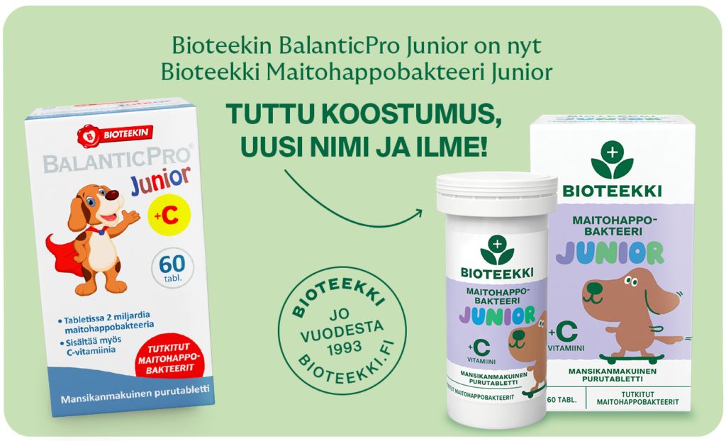 Bioteekki Maitohappobakteeri Junior; mainos, jossa esitellään Bioteekin BalanticPro Junior -tuote, joka on nyt uudelleenbrändätty nimellä Bioteekki Maitohappobakteeri Junior; pakkauksessa sarjakuvamainen koirahahmo ja suomenkielistä tuotetietoa; rasia suorakaiteen muotoinen, pääosin valkoinen ja oranssi väritys, mattapinta, lihavoitu groteskityyppografia; ei ihmisiä tai käsiä; tausta tasainen valkoinen; tavanomainen tuotekuvakulma.