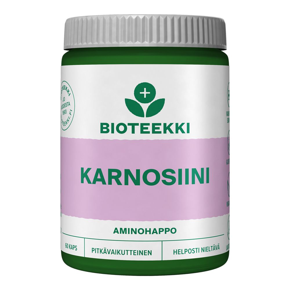 A green and white jar labeled BIOTEEKKI KARNOSIINI with a purple band, containing 60 capsules. The plastic container has a matte finish, cylindrical shape, and a screw cap. The label uses bold sans-serif text with block lettering in different font weights. Main label text includes AMINOHAPPO, PITKÄVAIKUTTEINEN, and HELPPOSTI NIELTÄVÄ amino acid formula. The product is photographed against a plain white background; no people or actions are present.
