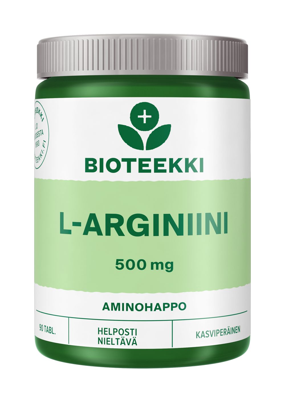 Vihreä ja valkoinen Bioteekki L-Arginiini 500 mg -aminohappolisäravinnepurkki; etiketissä lukee myös 90 tabl., helposti nieltävä, kasviperäinen ja aminohappo; muovipullo mattapinnalla, lieriömäinen muoto ja kierrekorkki; yksinkertaista mustaa ja vihreää groteskikirjasinta valkoisella pohjalla; tausta yksinkertainen, ei näkyviä ihmisiä tai käsiä, tuote kuvattu edestä.