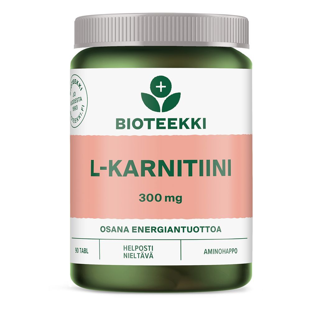 Bioteekki L-Karnitiini; vihreä-vaaleanpunainen muovipullo mattapinnalla, lieriön muotoinen kierrekorkillinen; etiketti pääosin valkoinen lihavoidulla sans-serif-typografialla mustana ja magentanpunaisena; luettavissa "Bioteekki L-Karnitiini 300 mg" ja 90 tablettia; ei ihmisiä tai käsiä; tuote kuvattu tasaista valkoista taustaa vasten.