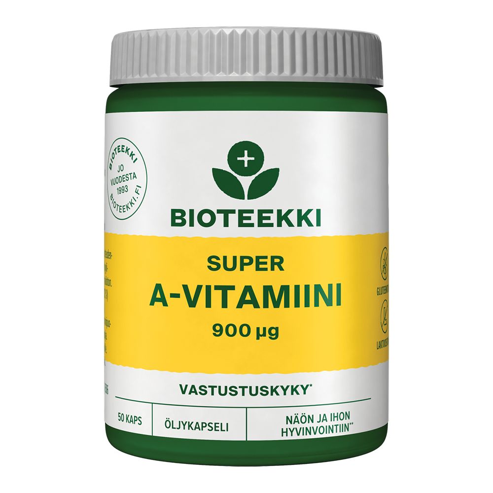 Bioteekki Super A-vitamiini 900 mikrog -pullo, vihreä-valkoinen, gluteeniton ja laktoositon -merkinnät, keltainen tausta; sylinterinmuotoinen muovipullo valkoisella mattakorkilla, lihavoitu groteskiteksti, 50 kapselia