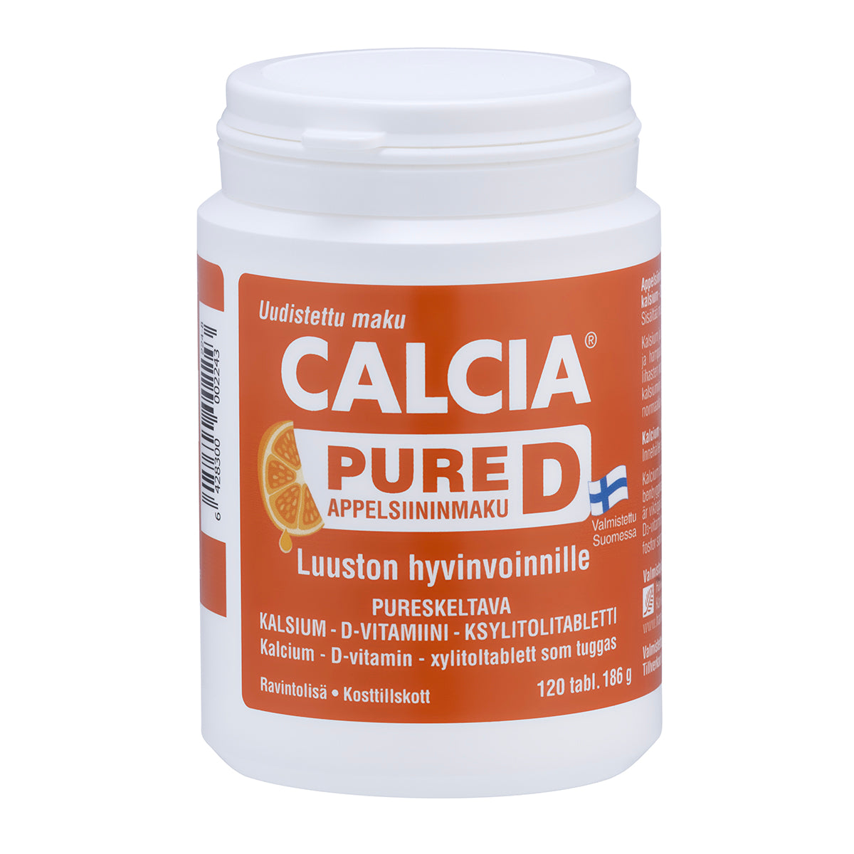 Calcia Pure D Appelsiini 120 tablettia, pureskeltava kalsium-D-vitamiinitabletti