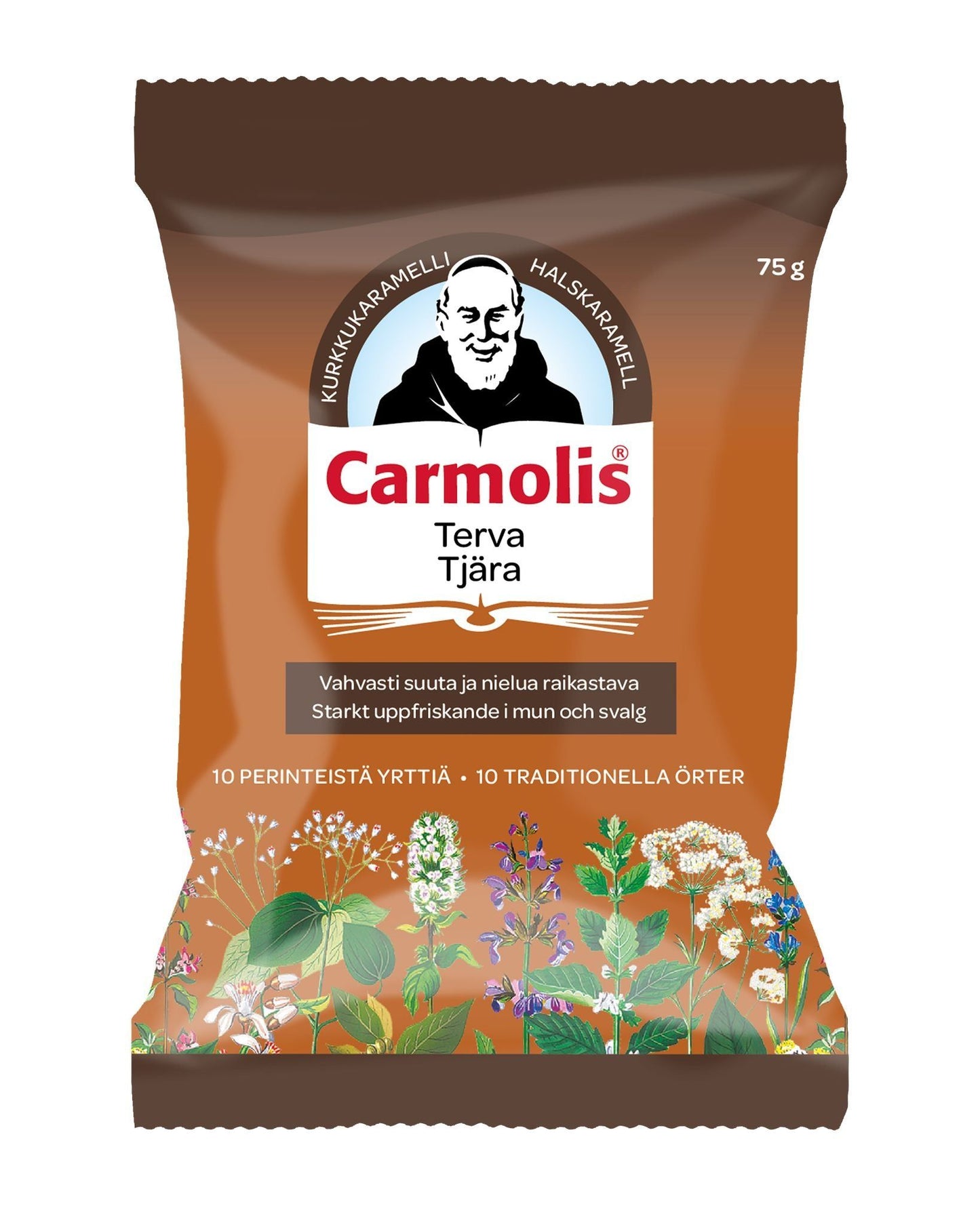 Carmolis Yrttikaramelli Terva, ruskea mattapintainen pussi Carmolis Terva Tjära -kurkkupastilleille, pystyssä; pakkauksessa kuvitus munkista yrttien ja kukkien ympäröimänä; tuotteen teksti selkeästi suomeksi ja ruotsiksi; etiketti ilmoittaa painon 75 grammaa; ei ihmisiä, käsiä eikä muuta rekvisiittaa näkyvissä, tausta neutraali.