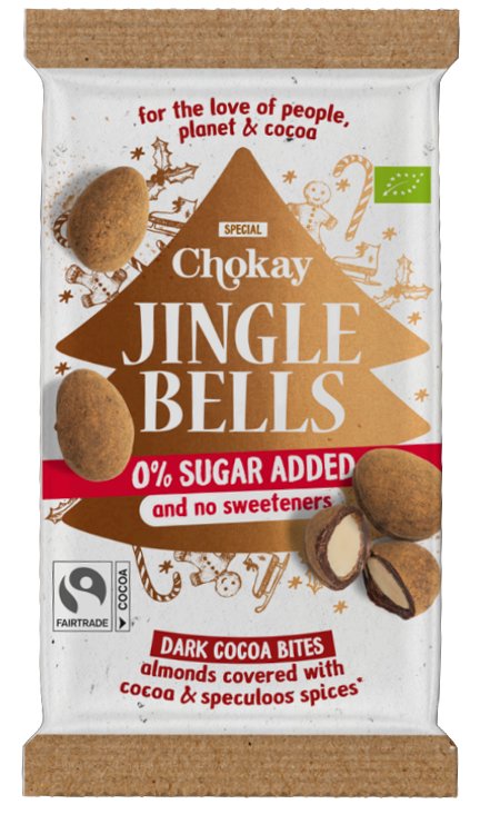 Chokay Jingle Bells -kaakaomantelit speculoos-mausteilla, jouluinen pakkaus ja kuorrutettuja manteleita