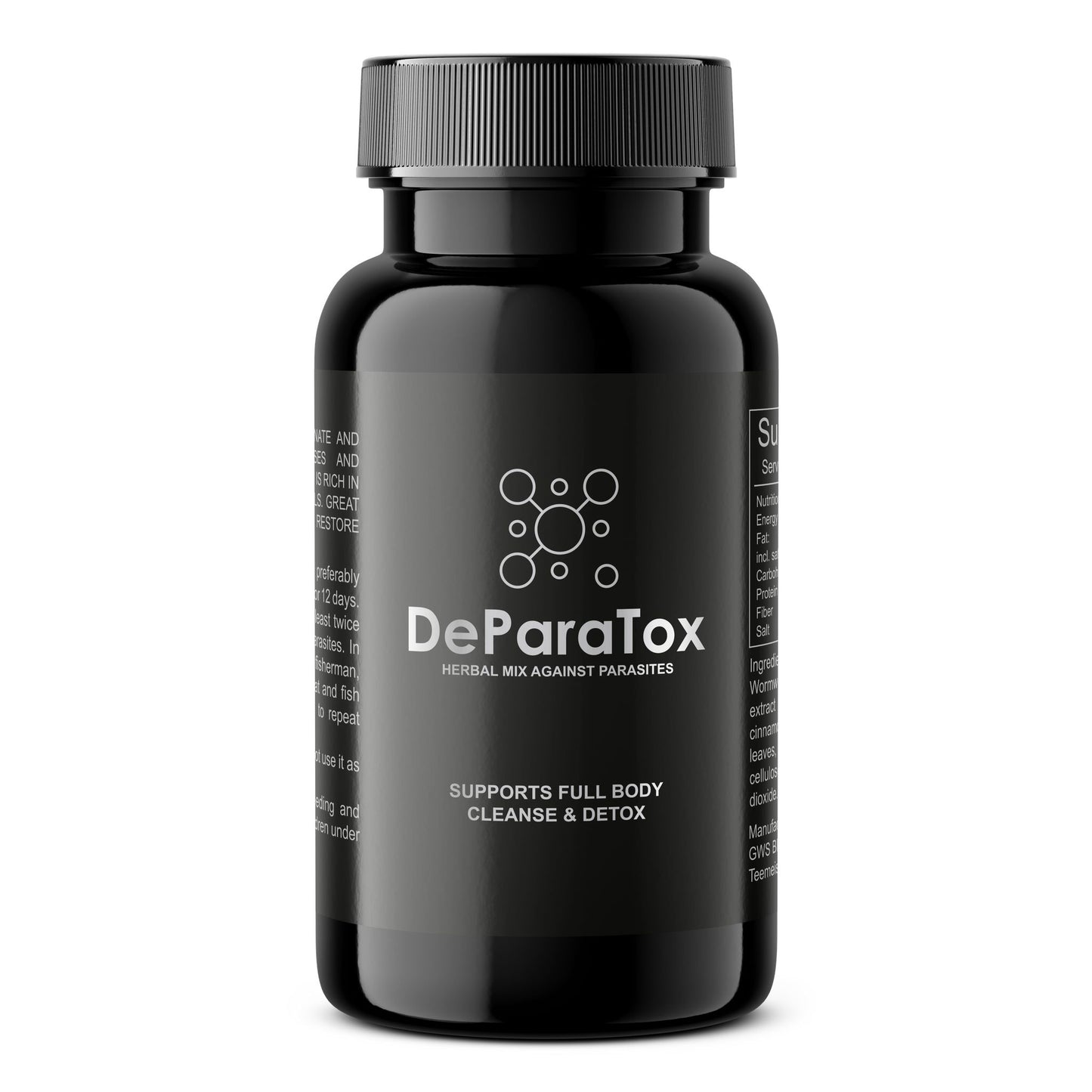DeParaTox, musta muovipullo mustalla korkilla, mattapintainen ja sylinterimäinen; etiketissä valkoista tekstiä modernilla fontilla: "DeParaTox Herbal Mix Against Parasites" sekä maininta koko kehon puhdistuksen ja detoksin tuesta; suunnittelussa hienovarainen molekyylikuvio; pullo yksin tasaista taustaa vasten, ei ihmisiä eikä muita esineitä.