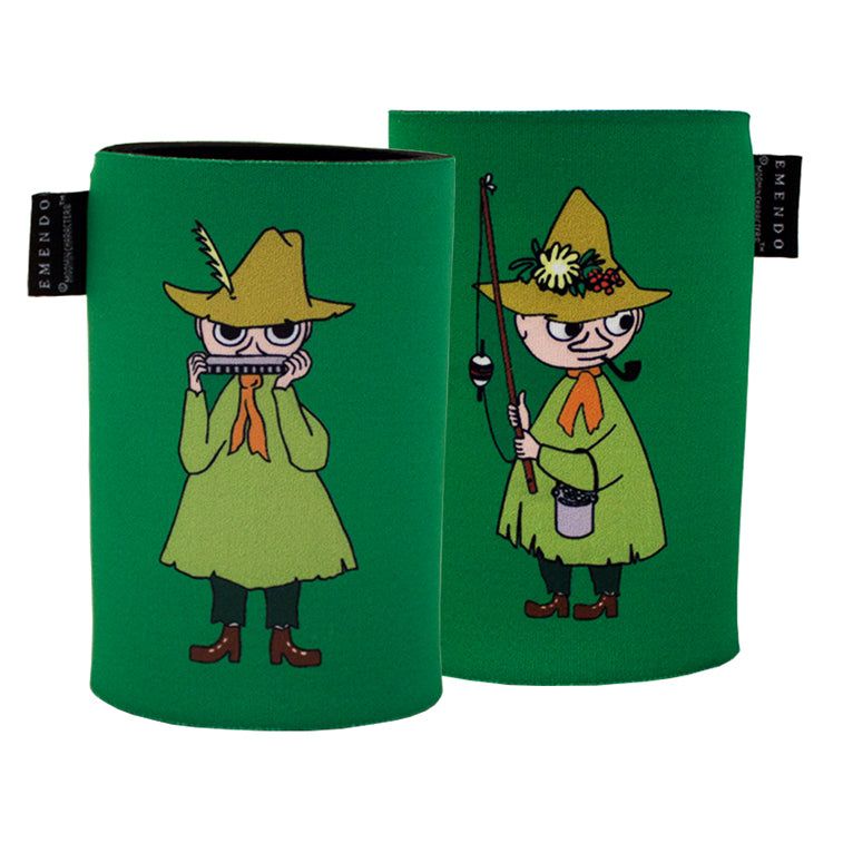 Two green drink sleeves featuring cartoon characters: one plays a harmonica and wears a feathered hat, the other holds a fishing rod and wears a hat decorated with flowers. Both wear green outfits and brown boots. Made of soft fabric with matte finish; surface displays printed designs only—no visible labels or packaging. Neutral background, no people or hands present, frontal product shot.