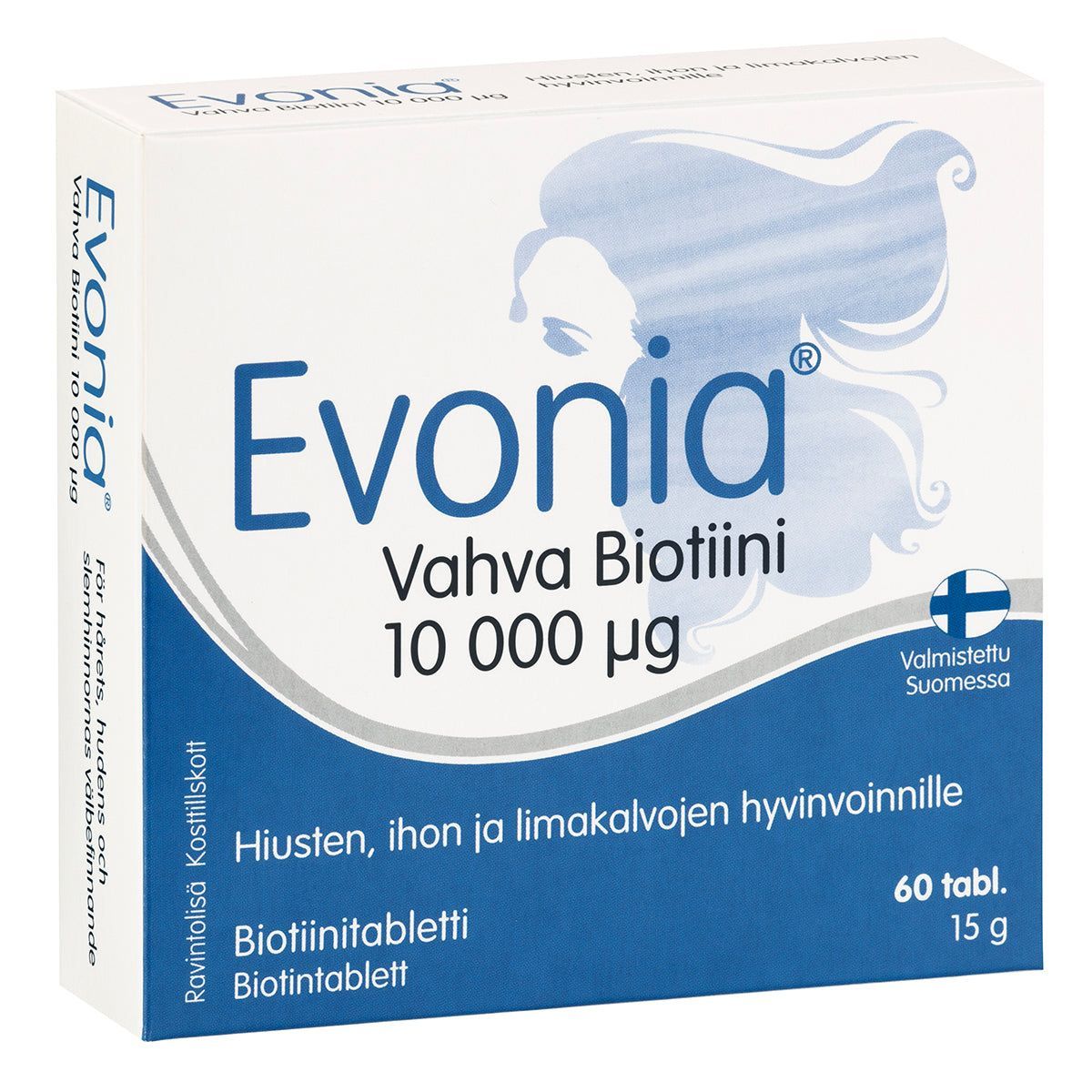 Evonia Vahva Biotiini 10.000 mikrog; laatikko Evonia Vahva Biotiini -tableteille, 10 000 µg, suorakulmainen kiiltäväpintainen pakkaus; suunnittelussa sinistä ja valkoista sekä graafinen ääriviivakuva naisen kasvoista virtaavine hiuksineen; pääetiketti lihavoitua sans-serif-fonttia, pienempi teksti alaosassa; laatikossa lukee "Evonia Vahva Biotiini 10 000 µg", mainitaan 60 tablettia ja suomenkielinen teksti; neutraali tausta, ei ihmisiä.