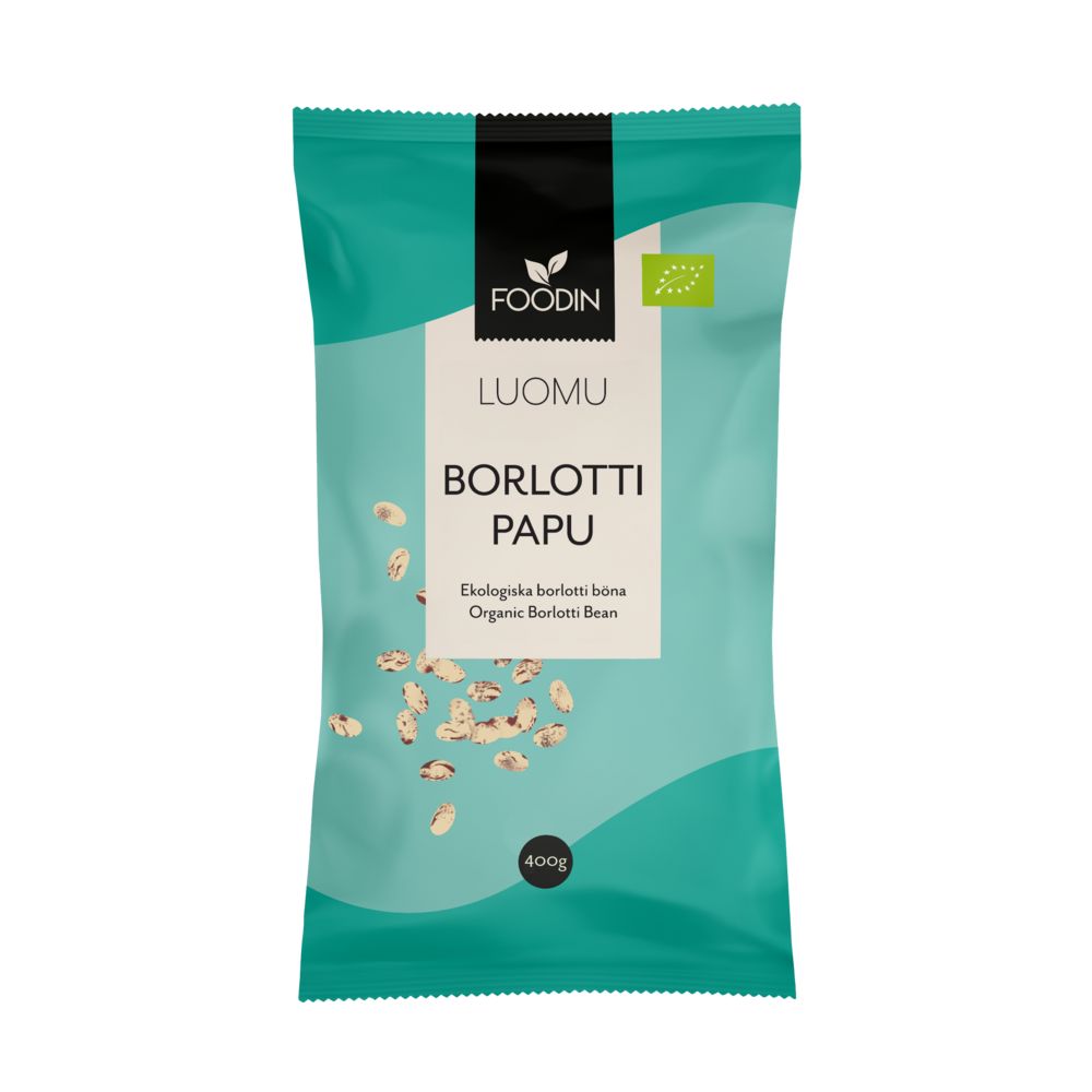 Foodin Luomu Borlottipapu; sinivihreä pussi luomu-borlottipapuja, 400 g, etuosassa kuvitettuja hajallaan olevia papuja ja kaksikielinen suomi-englanti-etiketti; pakkaus on mattapintainen, suorakulmainen, seisoo pystyssä uudelleensuljettavalla yläosalla; päätekstissä valkoista groteskikirjasinta; tausta valkoinen, ei ihmisiä tai rekvisiittaa näkyvissä.