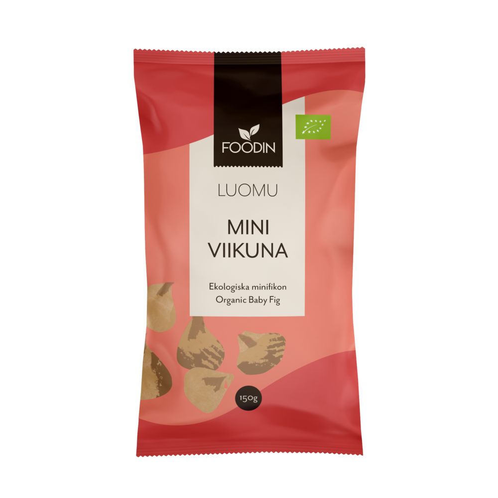 A red and pink packet of Foodin brand organic baby figs, labeled LUOMU MINI VIIKUNA with eco-friendly and 150g markings, featuring fig illustrations on the lower half of the sustainable packaging. The matte-finish pouch is rectangular with sealed edges. Typography is bold sans-serif for main labels. No people or hands present; plain neutral background in a centered product shot.