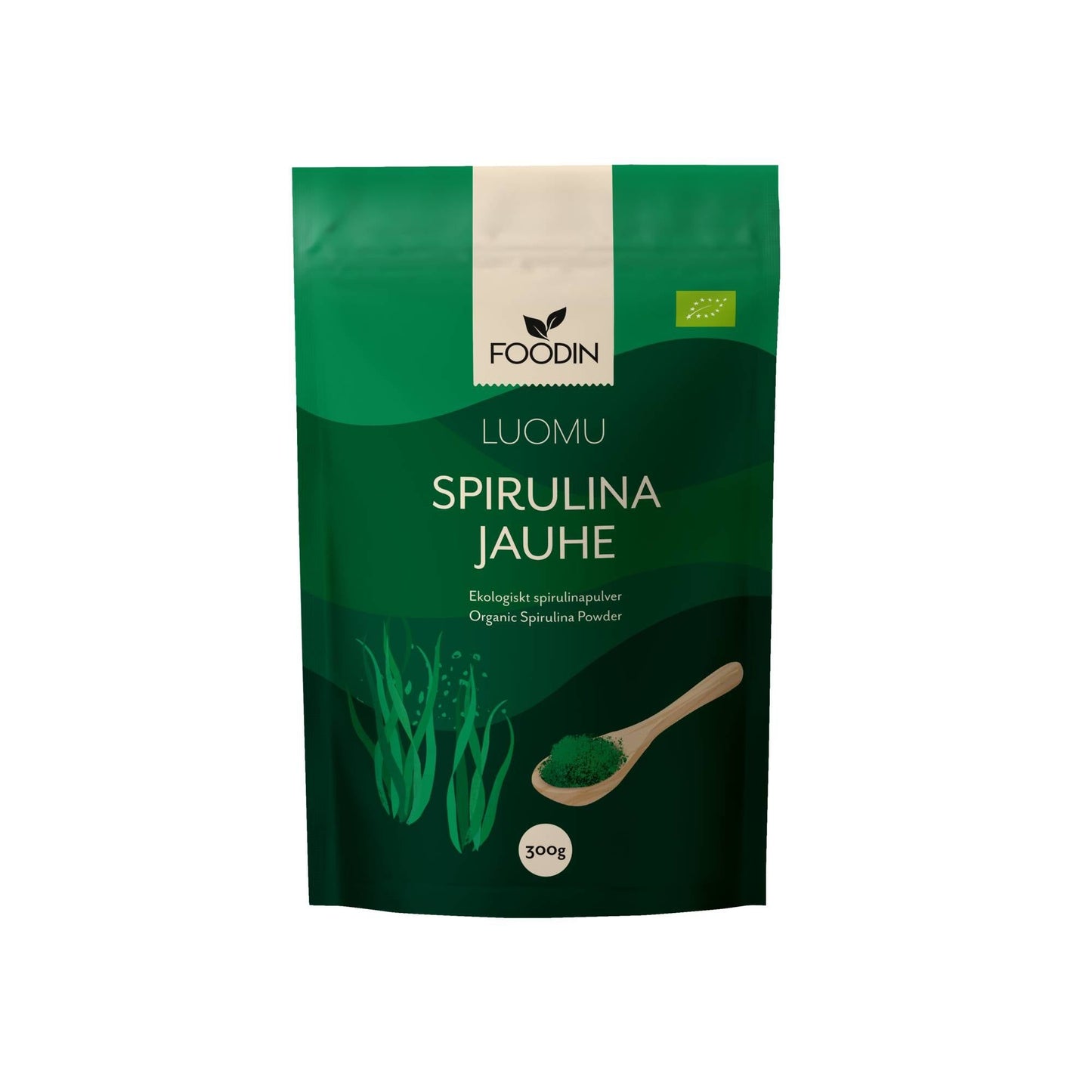 Foodin Luomu Spirulinajauhe, 300 g; vihreä pakkaus, jossa puulusikallinen elinvoimaista vihreää spirulinajauhetta sekä spirulinan kuvitus etusivulla; suorakulmainen, mattapintainen pakkaus; tuotenimi lihavoiduin valkoisin kirjaimin; vaalea tausta, ei ihmisiä.