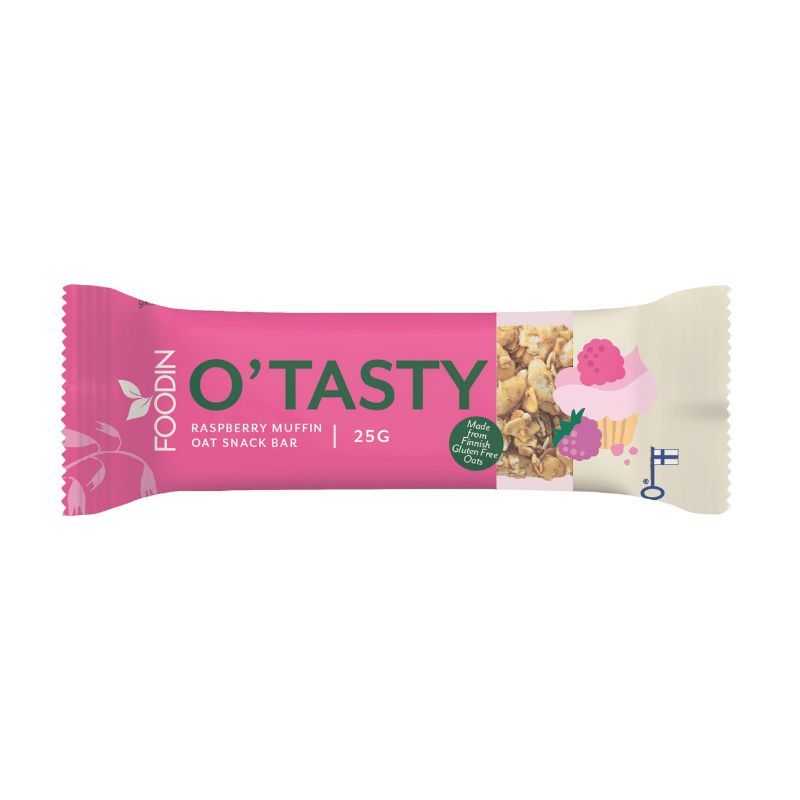 Foodin O'Tasty Oat Bar Raspberry Muffin, 25 g; pinkki-valkoinen pakkaus; kääre on suorakulmainen muovimateriaali mattapinnalla ja saumatut reunat; kannessa kuvituksia kaurahiutaleryhmistä, kokonaisista vadelmista ja muffinista; päätekstissä lihavoitu groteskikirjasin; valkoinen tausta, ei ihmisiä tai käsiä, kuvattu ylhäältä tasaisessa valaistuksessa.
