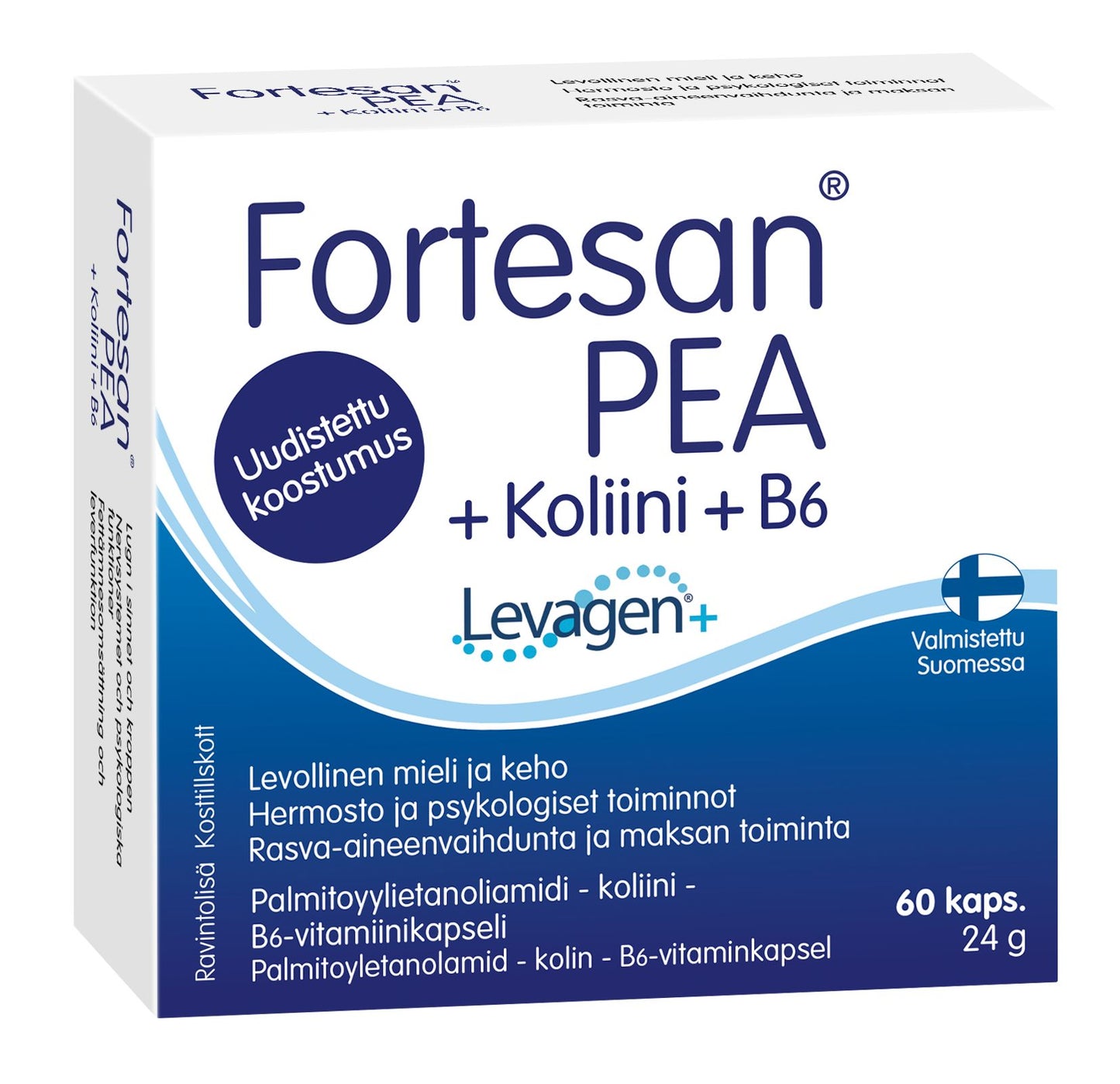 A box of Fortesan PEA dietary supplement with added choline and vitamin B6. The rectangular box has blue and white matte packaging, with a horizontal blue band and black sans-serif Finnish text, including “60 kaps.” A product photo of capsules is visible on the package. No people or hands are present. The background is plain white.