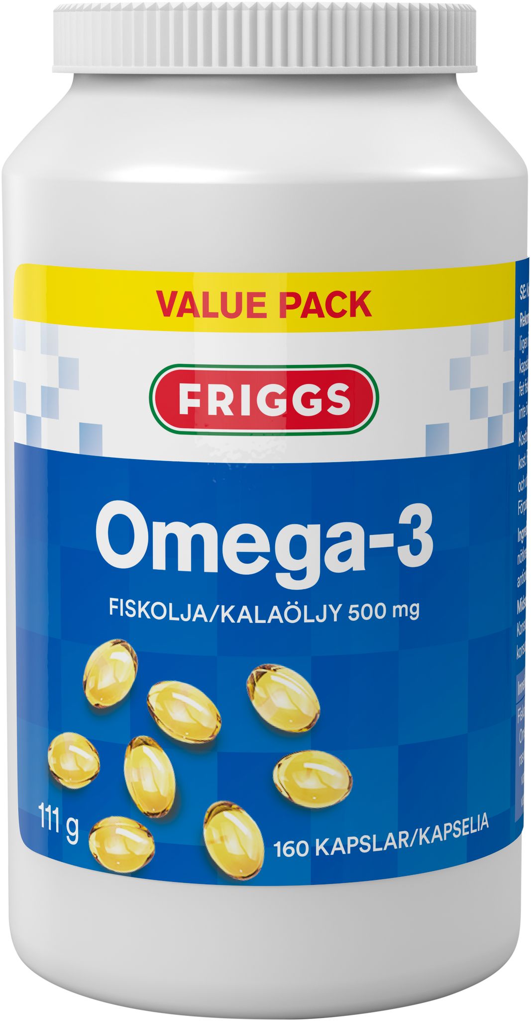 A white plastic bottle labeled Friggs Omega-3 has a smooth matte finish, cylindrical shape, and screw cap. The label shows yellow capsule illustrations and includes quantity (160 capsules) and dosage (500 mg fish oil), with “Value Pack” clearly stated. Text appears in Swedish and Finnish. The bottle is photographed upright against a plain white background. No people or other items are present in the image.