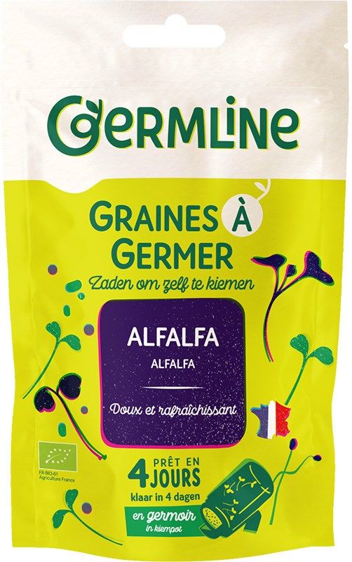 Germline Luomu Alfalfansiemen -itämissiemenet; pakkaus värikkäin kasvikuvituksin, ranskan- ja hollanninkielistä tekstiä sekä Ranskan lipun kuva; ilmoittaa siementen olevan valmiita itämään 4 päivässä; suorakulmainen, mattapintainen pakkaus lihavoidulla groteskibrändifontilla; ei ihmisiä tai käsiä; tuote kuvattu keskitetysti vaalealla taustalla suoraan edestä.