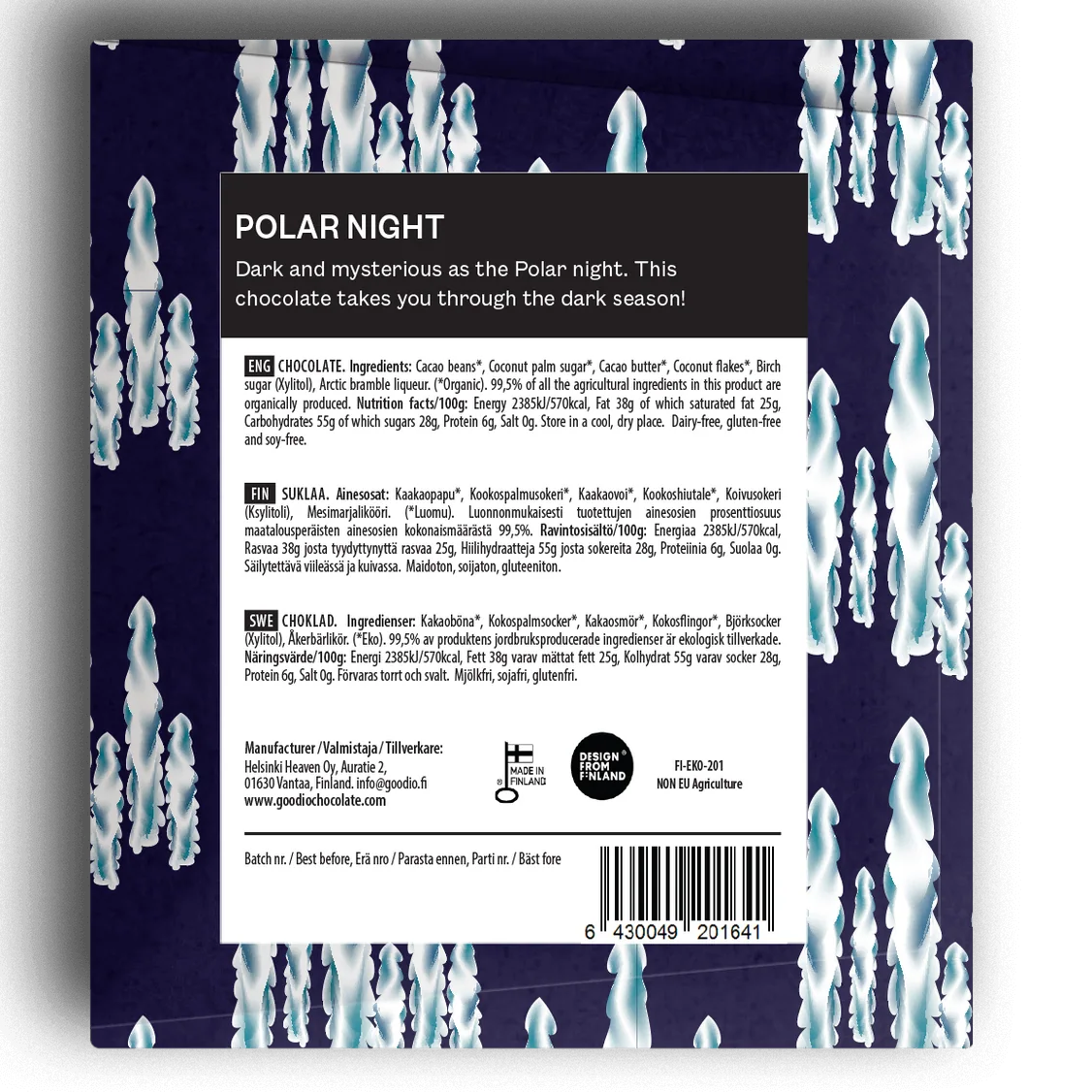 Goodio Polar Night Luomusuklaa 49% takaa, ainesosat ja ravintosisältö
