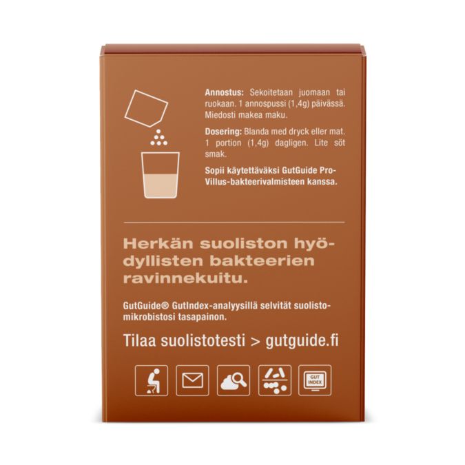 GutGuide ProBifido 28 annospussia, liukoinen xylo-oligosakkaridikuitu jauheena