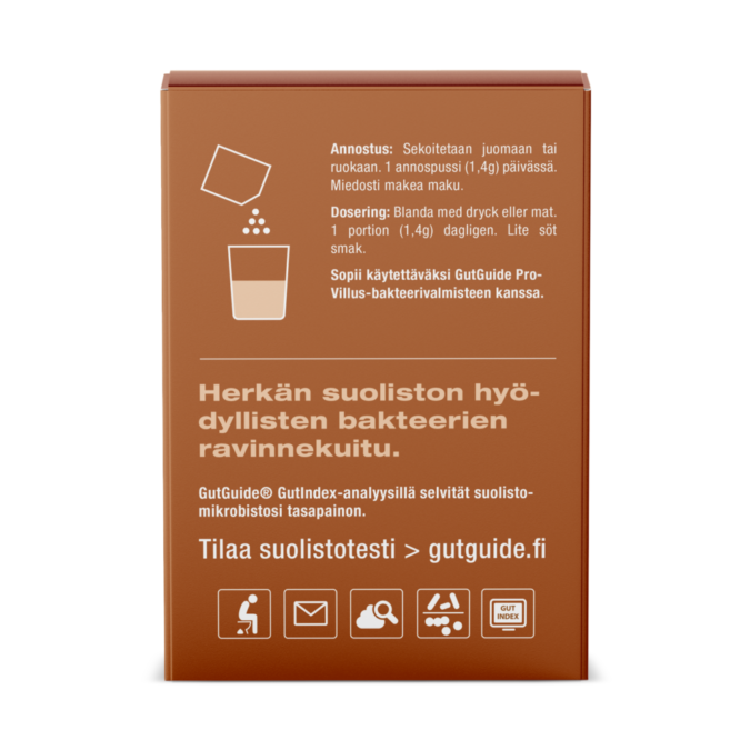 GutGuide ProBifido 28 annospussia, liukoinen xylo-oligosakkaridikuitu jauheena