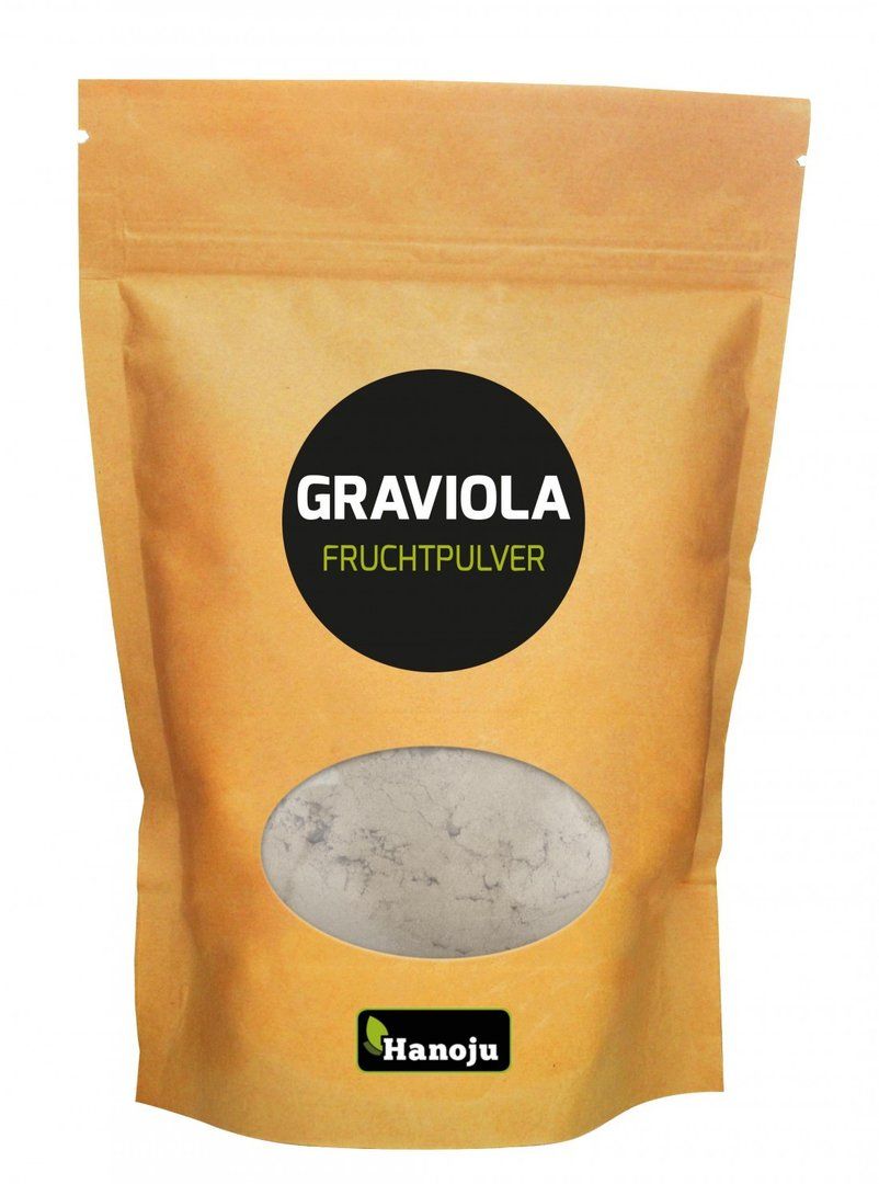 A brown resealable pouch labeled Graviola Fruchtpulver with a transparent window reveals white powder inside. The surface finish is matte. The brand name Hanoju appears at the bottom in bold yellow lettering on a black background. All text is sans serif. The package stands upright against a plain white background and there are no people or additional objects in the image.