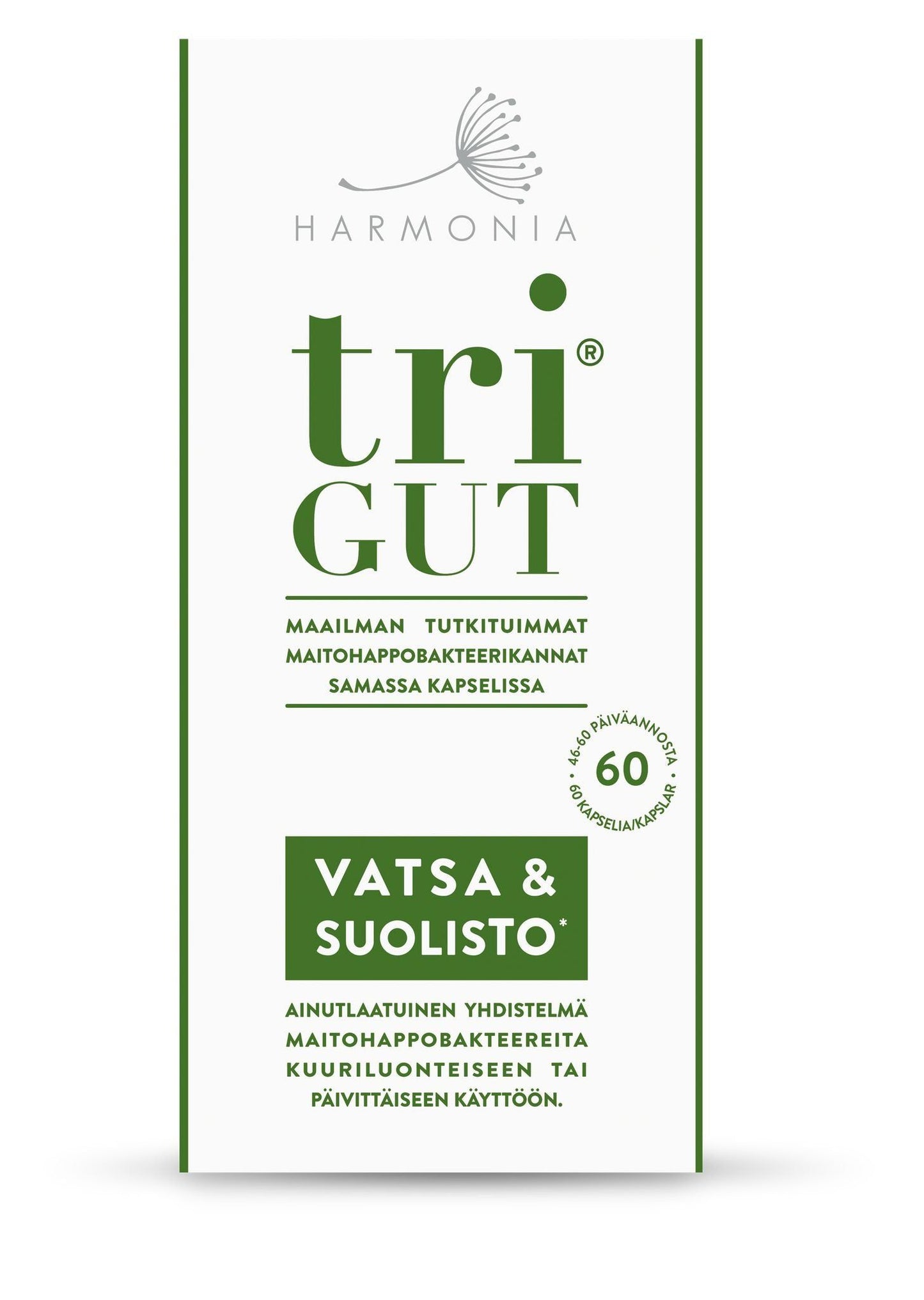 Harmonia triGUT; valkoinen probioottipakkaus suomeksi, korostaa suolistoterveyttä ja hyvinvointia, sisältää 60 kapselia; suorakulmainen pahvilaatikko mattapinnalla, pääväreinä vihreä ja valkoinen; painettu teksti groteskikirjasimella kertoo ainutlaatuisista probioottikannoista päivittäiseen tai kuurikäyttöön; tuote kuvattu yksivärisellä taustalla ilman ihmisiä.
