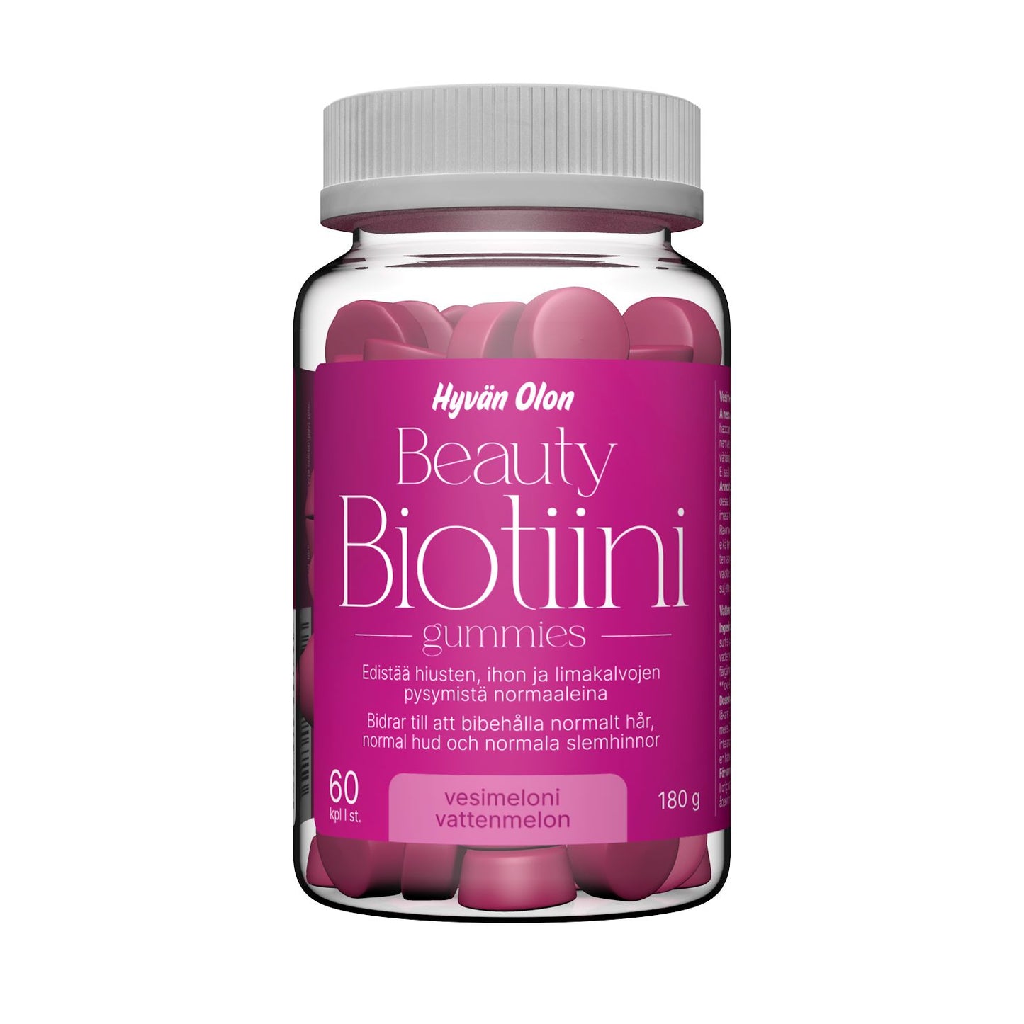 Hyvän Olon Beauty Biotiini 5 mg gummies 60 kpl – vesimelonin makuinen pureskeltava biotiinivalmiste