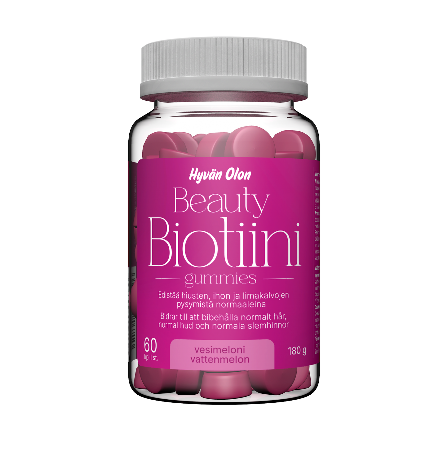 Hyvän Olon Beauty Biotiini 5 mg gummies 60 kpl – vesimelonin makuinen pureskeltava biotiinivalmiste