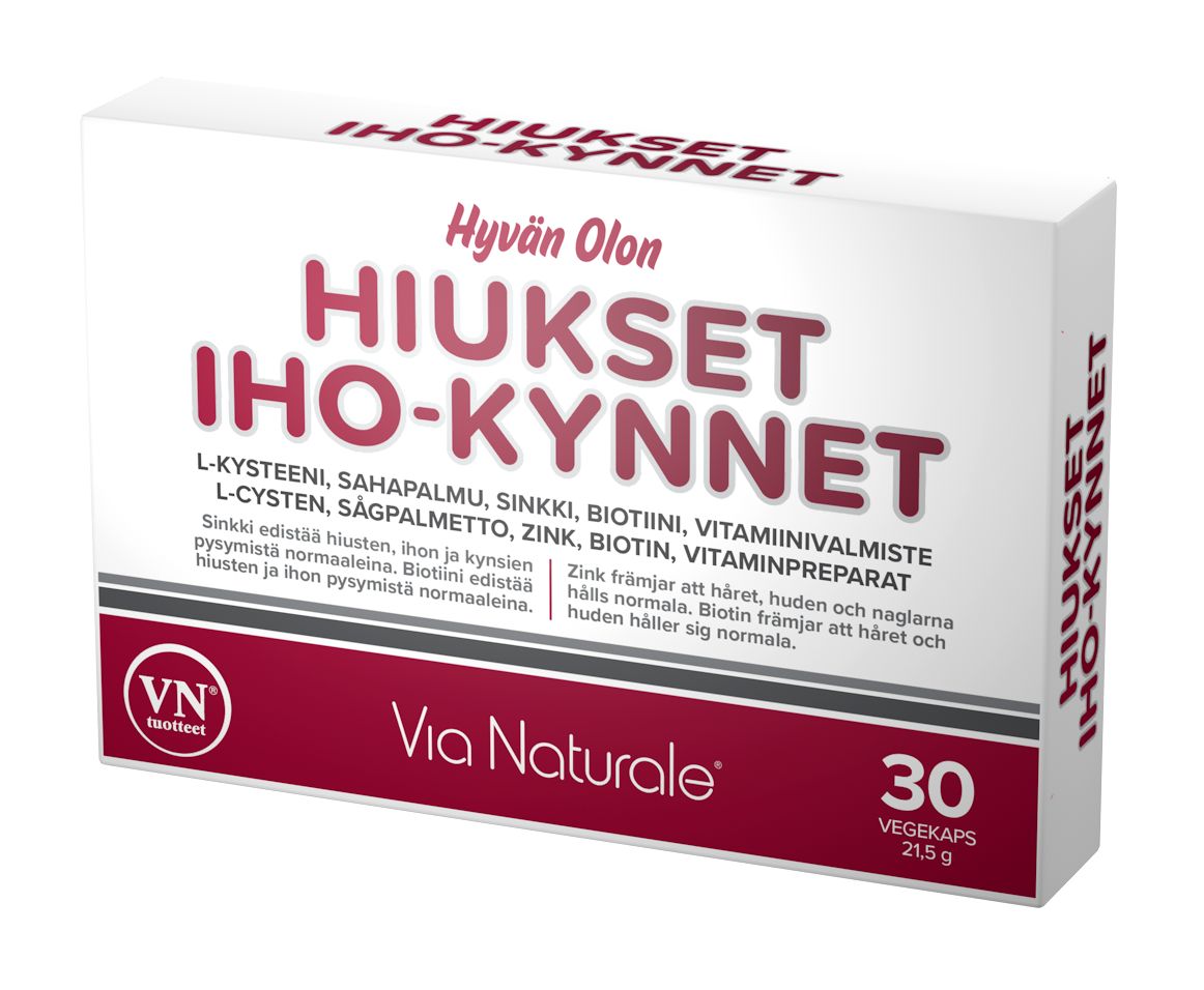 A box of Via Naturale dietary supplement for hair, skin, and nails with Finnish text and 30 veggie capsules for daily beauty support. The rectangular box is predominantly white with teal and pink accents, matte finish, and contains clear product information in clean sans serif fonts. No people or hands present. Plain background with soft lighting. Box shows supplement name in large type.