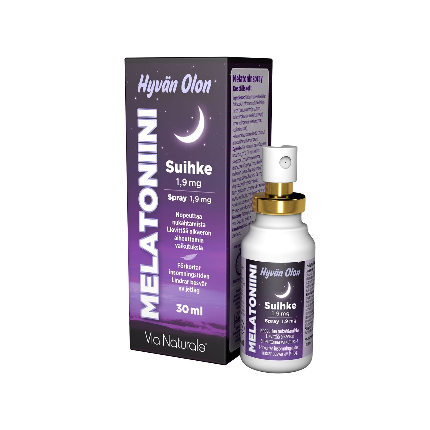 Via Naturale Melatoniini Suihke -pullo ja pakkaus, 30 ml, violetti pakkaus kuunsirppikuviolla, teksti suomeksi ja ruotsiksi, kätevä suihkeformaatti; molemmilla kiiltäväpintainen viimeistely; typografia tekstausvapaata ja valkoista pääteksteissä; tausta valkoinen; ei ihmisiä tai käsiä näkyvissä; suora tuotekuva.