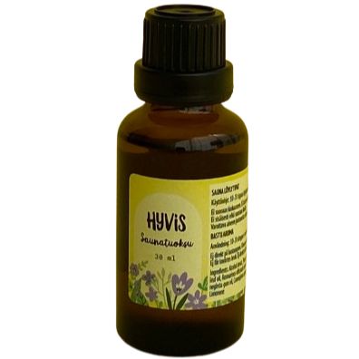 A small brown bottle labeled HYViS Saunatuoksu 30 ml with a black cap and a label featuring purple flowers, green leaves, and sauna-inspired details on the bottom. The bottle has a matte finish and cylindrical shape. Label text is in bold sans-serif font. Packaging displays clear product name and volume. The background is plain with no visible setting or objects. No people or hands are present in the shot.
