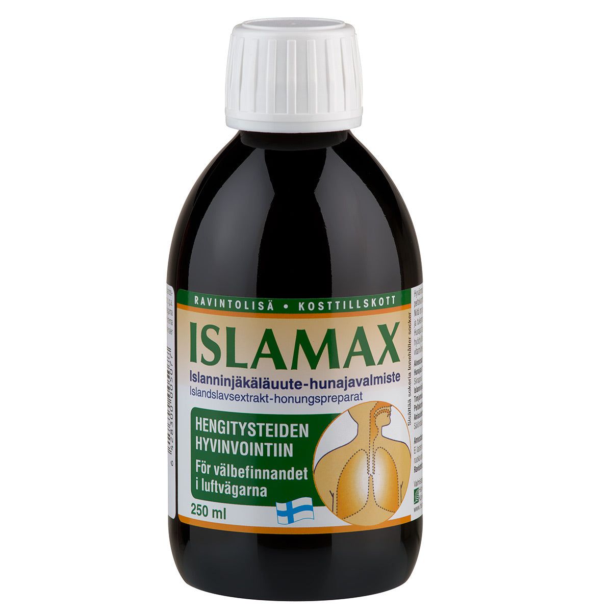 A bottle of Islamax herbal syrup with Icelandic moss and honey, labeled in Finnish and Swedish, designed to support respiratory well-being. The 250 ml plastic bottle has a white screw cap and a glossy green, yellow, and white rectangular label with bold sans-serif print. The product stands upright against a plain white background. No people or hands are visible in the image.