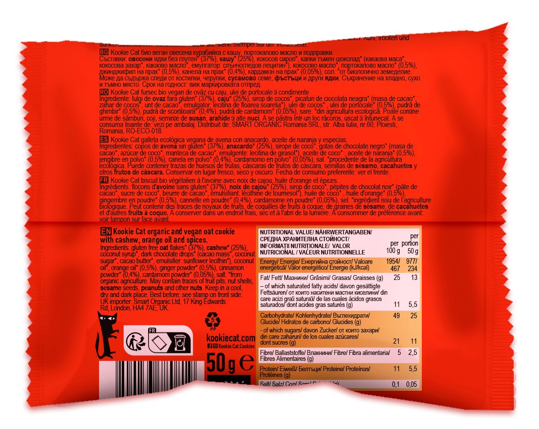Kääreen takapuoli: monikieliset ainesosaluettelot, ravintoarvotaulukko, 50 g ja kierrätysmerkit (PP 5)