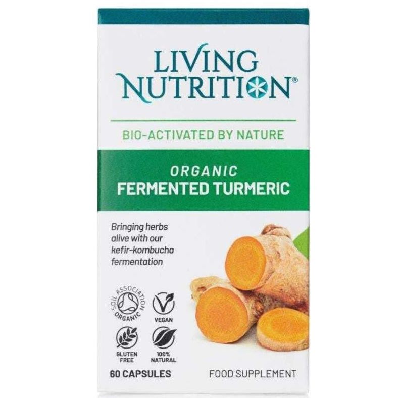 Living Nutrition Fermentoitu Kurkuma, 60 kapselia; pakkaus kuvituksena kurkumajuuria sekä merkinnät luomu, gluteeniton, vegaaninen ja 100-prosenttisesti luonnollinen; suorakulmainen mattapintainen pakkaus lihavoidulla groteskikirjasimella eri painoin; teksti kertoo fermentoiduista ainesosista paremman imeytymisen vuoksi; vaalea tausta, ei ihmisiä tai käsiä kuvassa.