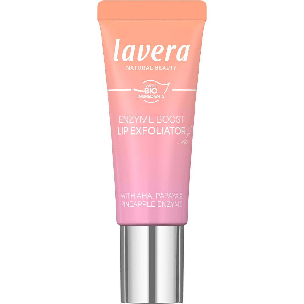 Lavera Enzyme Boost Lip Exfoliator -huulikuorintatuubi suljettuna, etiketti näkyvissä