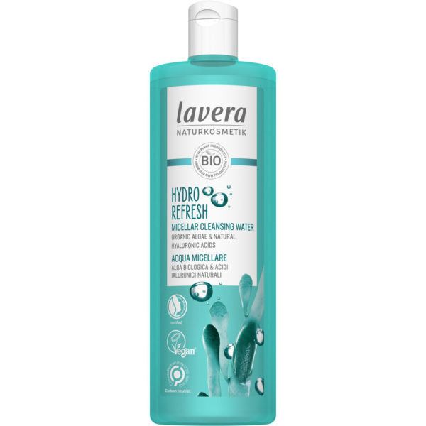 A turquoise plastic bottle with a glossy surface and cylindrical shape, labeled “Lavera Hydro Refresh Micellar Cleansing Water with organic algae and hyaluronic acids.” The label displays stylized water droplets, ocean wave graphics, vegan and natural product icons. The primary typography is bold sans-serif. Product is shown against a plain white background in a studio shot.